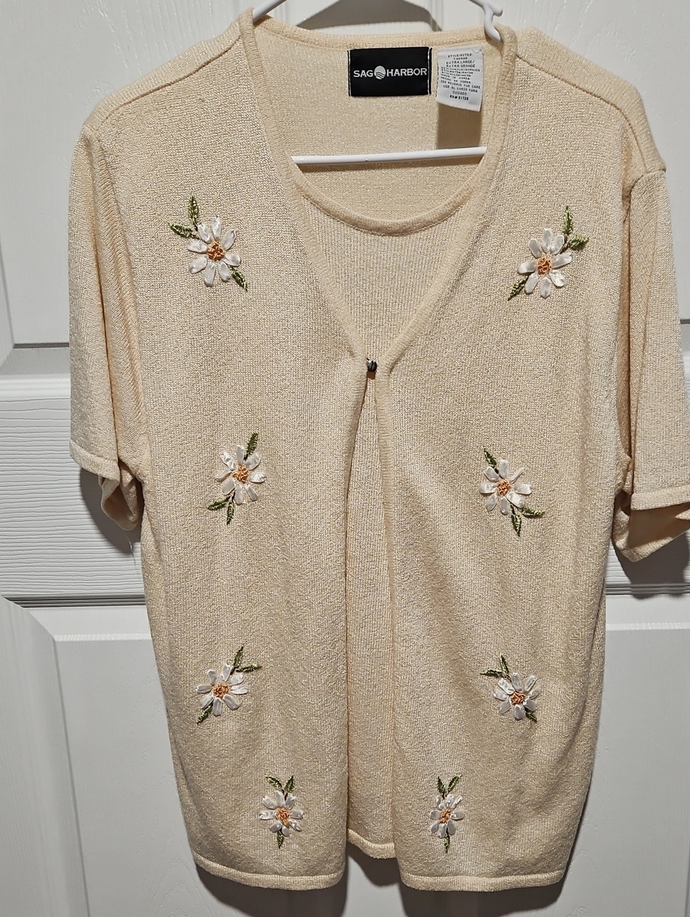 Sag Harbor Cream Short Sleeve Embroidered Floral Cardigan Faux Tank